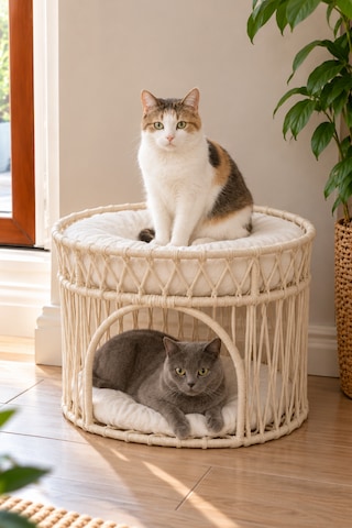 Reyo Tasaryum Çift Katlı Kedi Yatağı Ve Kedi Ranzası, Minderli İskandinav Tasarım Kedi Evi, Örgü Gövdeli Kedi Yuvası Bej