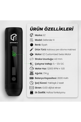 Ez Defender X Black 3.5mm Stroke Kablosuz Dövme Makinesi - Siyah