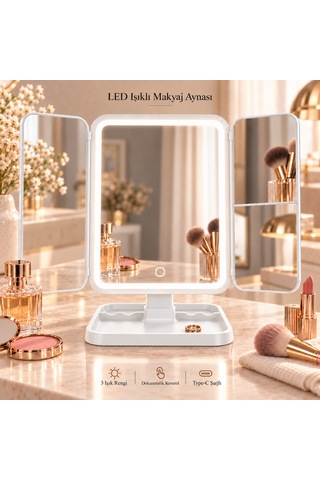 Tilbe Home Led Işıklı Makyaj Aynası Renkli Dokunmatik Büyüteçli Şarjlı Katlanabilir Masaüstü Stüdyo Ayna Beyaz