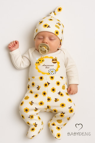 Babyden's Amcasının Balı Baskılı Yenidoğan Bebek Takımı 3 Lü Set Pamuklu Zıbın, Patikli Alt Ve Şapka Unisex Ekru