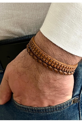 Örgü Detaylı %100 Deri 2li Taba Renk Erkek Bileklik 21 Cm Türk El Üretimi Taba