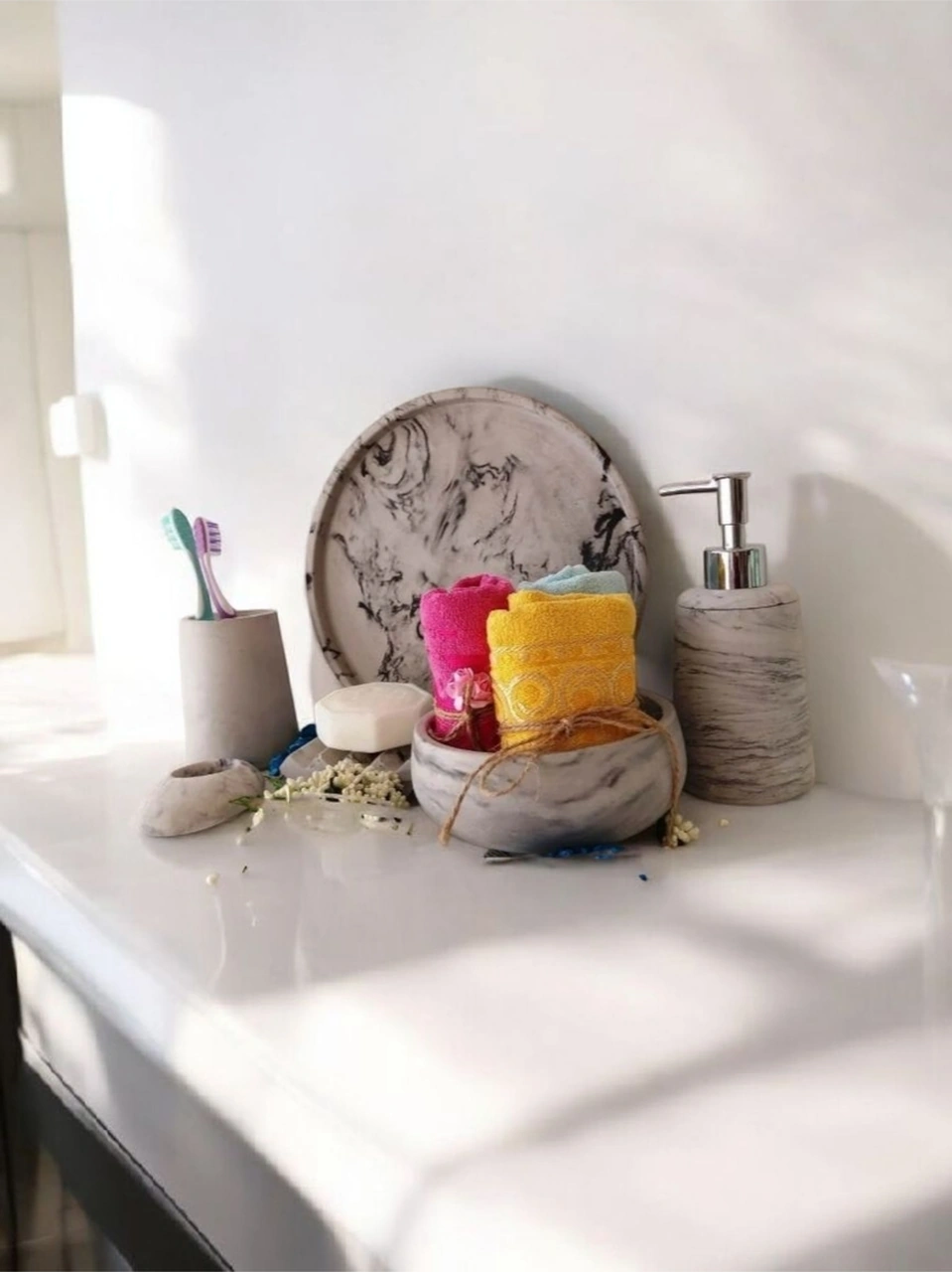 Mermer Desen Antrasit Serisi Beton Banyo Seti,tepsi,sıvı,katı Sabunluk,havluluk,mumluk Antrasit