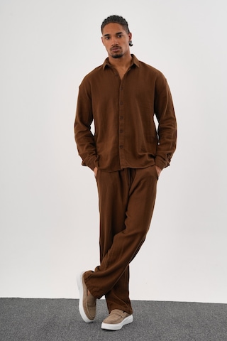 Flare Kışlık Baggy Pantolon Oversize Gömlek Alt Üst Takım %100 Pamuk Kahve