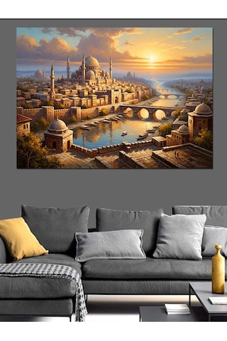 Ahşap Tablo Gün Batımında Antik Şehir Ve Nehir