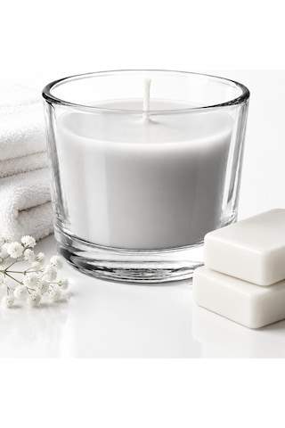 Temiz Çamaşır Kokulu Bardak Mum Beyaz Sabun Aromalı 20 Saat Yanma Beyaz 7,8 6 Cm