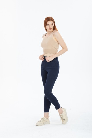 Koyu Mavi Yüksek Bel Toparlayıcı Dar Paça Skinny Power Likralı Kot Pantalon Koyu Mavi