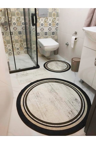 Lovely - Krem Kaymaz Taban Yuvarlak Banyo Halısı 100x100-60x60-4 Krem