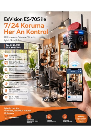 Esvision Es-705 4k 4 Lensli Akıllı Güvenlik Kamerası Hieasy Wifi Gece Görüş Sesli Kişi Takibi