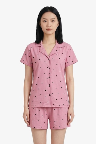 Cottonhill Pembe Kalp Desenli Yumuşak Dokulu Gömlek Yaka Kadın Şortlu Pijama Takımı Gül Pembe