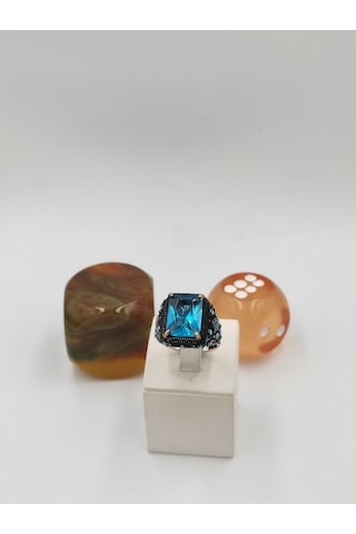 Aqumarin Yan Koları Firuze Taşlı Kare 925 Ayar 25 Mm 17,00 Gr. Erkek Yüzüğü Mavi