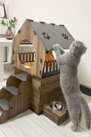 Missidea Dekoratif Teraslı Kedi Evi Ve Mama Kabı Seti