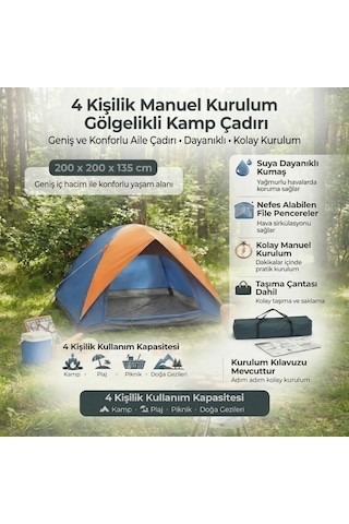 Buffer 4 Kişilik Manuel Kurulum Gölgelikli Kamp Çadırı Aile, Doğa, Piknik Ve Outdoor 200x200x135 Cm Turuncu-lacivert