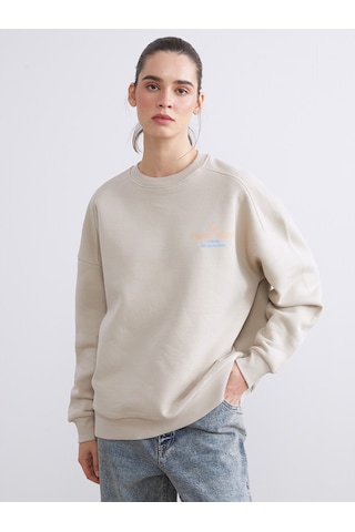 Lcw Vision Bej Baskılı Oversize Kadın Kalın Sweatshirt