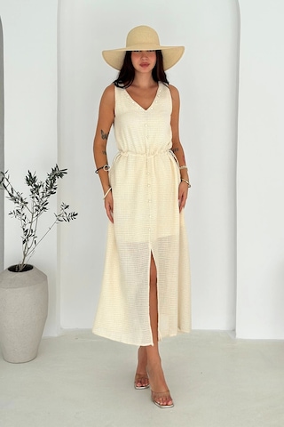 Asprin Fashion Etamin Kumaş Süs Düğmeli Elbise Beyaz
