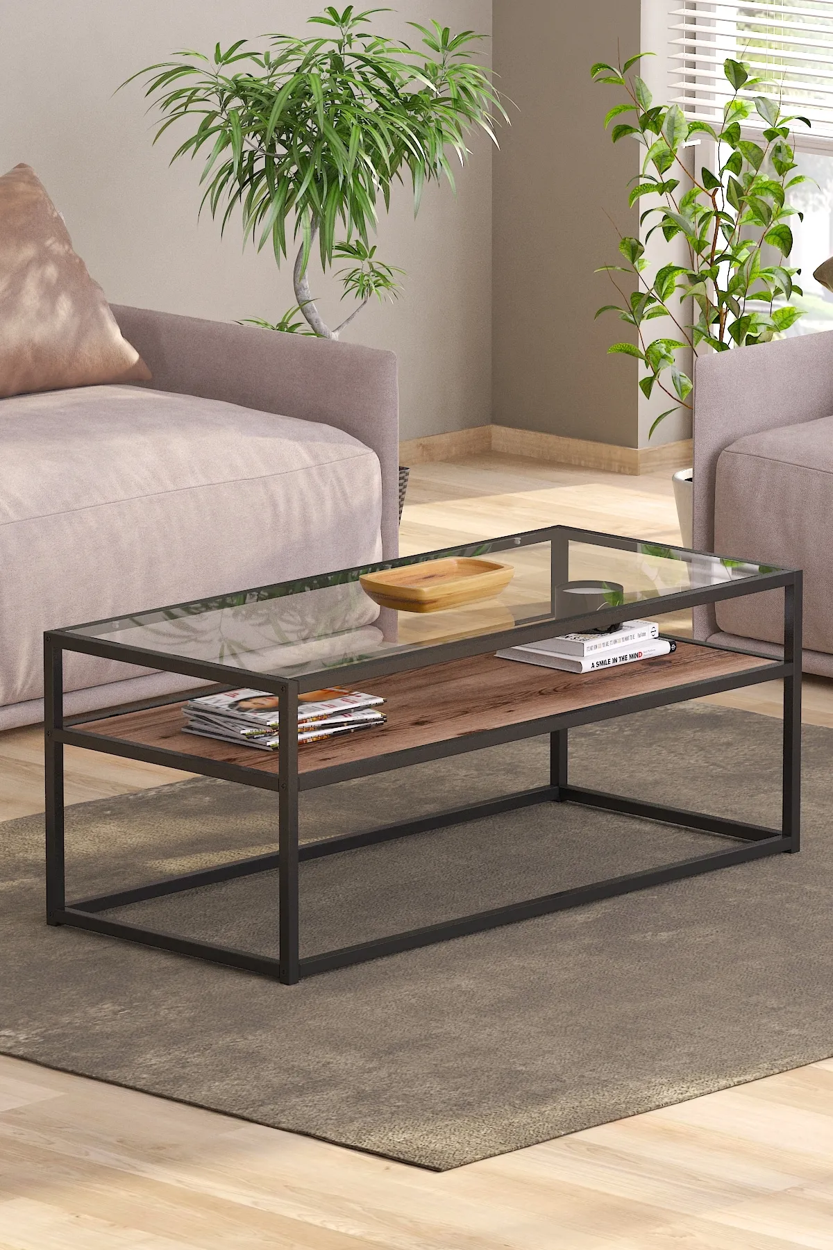 Modern Metal Iskeletli Temper Camlı 2 Katlı Dikdörtgen Orta Sehpa Ceviz-siyah-şeffaf