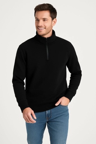 Cvs Giyim Erkek Dik Yaka Sweatshirt Dik Yaka Yarım Fermuarlı 3 İplik Şardonlu Pamuk Kumaş - Siyah Siyah