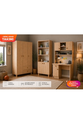 Genç Odası Takımı, 3 Kapılı Dolap, Çalışma Masası, Kitaplık Safir