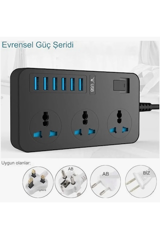 3000w 3 Ac Çıkışları Ve 6 Usb Şarj Portu Akım Korumalı Grup Priz