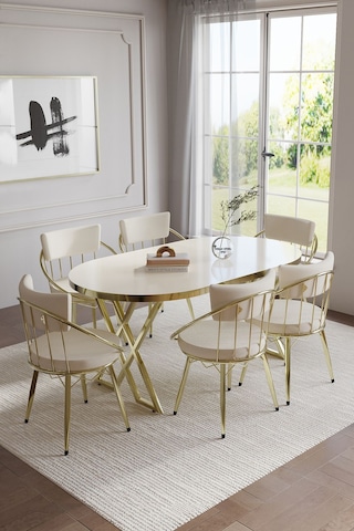 Selenit Mutfak Yemek Masası Takımı- 6 Kişilik Mutfak Masa Sandalye Takımı- Mutfak Masası Takımı Gold Düz Krem