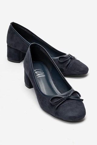 Luvi Shoes Leslıe Lacivert Süet Fiyonklu Kadın Kalın Topuklu Ayakkabı