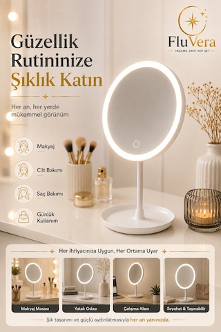 Led Işıklı Makyaj Aynası Masaüstü Dokunmatik Aydınlatmalı Güzellik Ve Cilt Bakım Aynası Beyaz