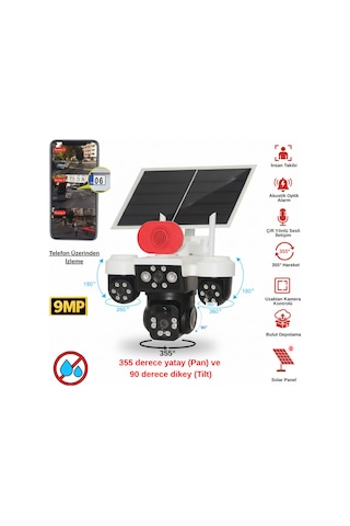 Apronx 9mp Solar Ptz Kamera 3 Lens Üçlü Görüş Wi-fi Kamera Şarjlı & Akıllı Güvenlik Sistemi