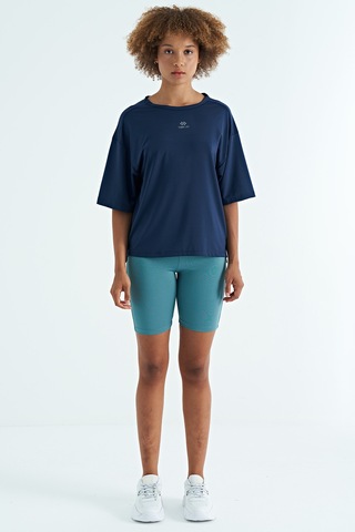 Tommy Life İndigo O Yaka Baskı Detaylı Oversize Kısa Kol Kadın T-shirt - 97263 Indigo