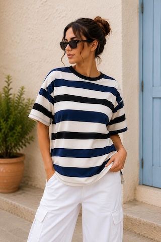 Alexandergardi Çizgili Oversize T-shirt Lacivert - Beyaz