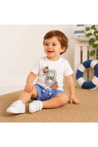Tucankids Erkek Bebek Beyaz Baskılı Mavi Şortlu İkili Takım %100 Pamuk Ekru - Mavi