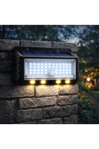 Panter Solar Hareket Sensörlü Led Duvar Lambası 3w 44 Smd Beyaz + 4 Gün Işığı Led, 300 Lümen, Ip65 Su Geçirmez, 3 Modlu Güneş Enerjili Aplik, Balkon Ve Bahçe Aydınlatması