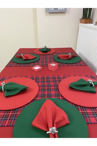 Kırmızı Masa Örtüsü , Ekose Runner , 2 Renk Supla Seti , Peçete 6 Kişilik