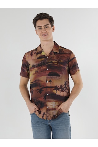 Colin's Regular Fit Shirt Neck Palmiye Desenli Turuncu Erkek Kısa Kol Gömlek CL1057831_Q1.V1_COR Kahverengi