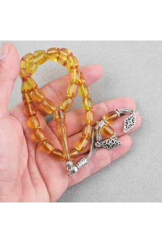 Ateş Kehribar Ayyıldız İşlemeli İmame Kapsül Kesim 9x11mm Tesbih - Sarı Sarı