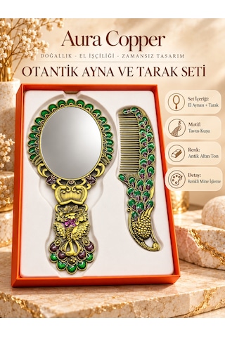 Aura Copper Tavus Kuşu Motifli Mineli El Aynası Ve Tarak Seti 2 Parça Ac-at-001- Antik Altın Yeşil