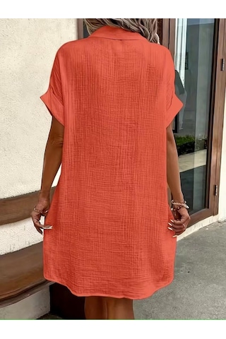 Efnaz Style Kadın Kısa Kollu Önden Düğmeli Cep Detaylı Mini Bürümcük Elbise Turuncu