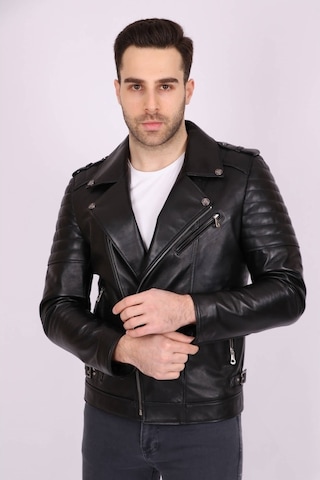 Erkek Siyah Hakiki Deri Yakalı Asimetrik Fermuarlı Spor Mont