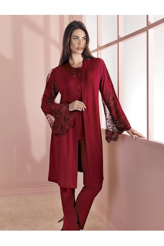 Espuar 757 Penye 3'lü Sabahlık Pijama Takımı Bordo