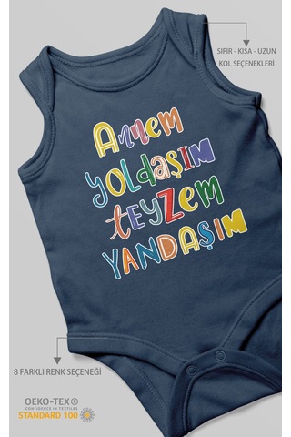 Annem Yoldaşım Teyzem Yandaşım Baskılı Bebek Zıbını Çıtçıtlı Body %100 Pamuk Sıfır Kol Lacivert