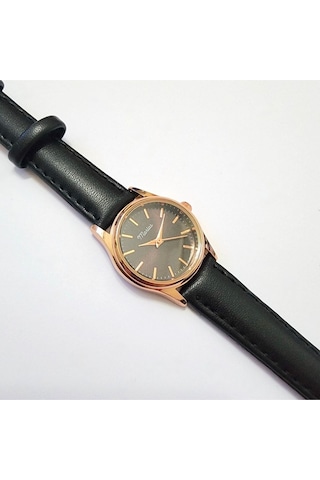 Retro Kadın Kol Saati, Vintage Minimal, Rose Gold Renk, Çizgili Kadran, Koyukahverengi Kordon Rose Gold Siyah Kordon Altın