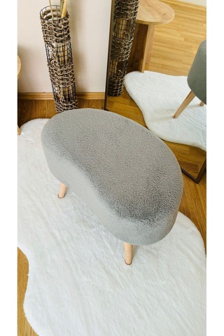 Fasulye Model Ahşap Ayaklı Teddy Kumaş Dekoratif Puf Bench Gri