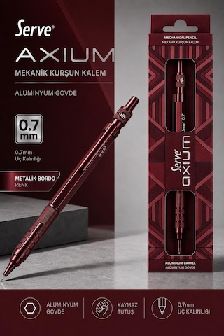 Serve Axium Mekanik Kurşun Kalem 0.7 Mm Alüminyum Gövde - Metalik Bordo Çok Renkli