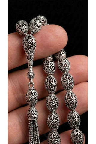 925 Ayar Oval Kesim 3 Kamçılı Püskül Orta Boy Spiral Desenli Otantik Gümüş Tesbih Rzt10026 Gümüş  - Siyah