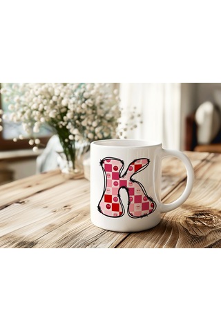 K Harfi Pembe Kareli Kalpli Göz Emojili Kupa Bardak Eğlenceli Kareli Tasarım Kahve Çay Kupası 07 Beyaz