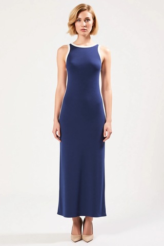 Benerly Kadın Halter Yaka Kolsuz Bodycon Kalıp Ribana Maxi Elbise Fonksiy Lacivert