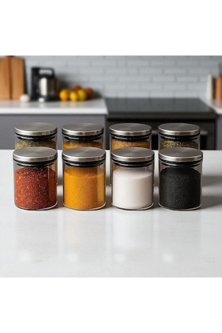300 Ml 70 Mm X 100 Mm 8 Lı Borosilikat Cam Baharatlık Seti-sızdırmaz Sılıkonlu Metal Kapak Beyaz