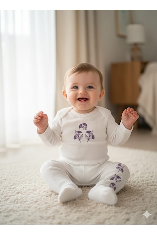 Laura Baby Necix's Kız Bebek 3 Lü Alttan Çıtçıtlı Alt Üst Takım Beyaz - Bej