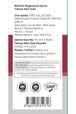 Wefortis Magnezyum Complex -3lü Kombinasyon Malat-glisinat-sitrat 60 Tablet