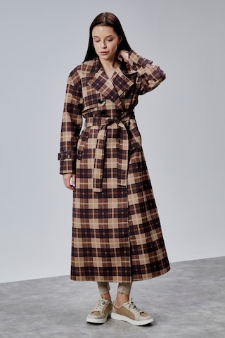 Elora Kahverengi Ekose Detaylı Premium Oversize Trençkot 46650 Kahverengi-vizon