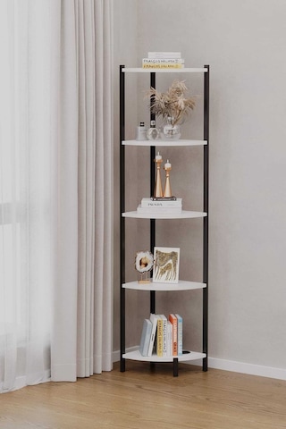 Bes Rafli Çok Amaçli Köse Kitaplik Siyah Profil Beyaz Sunta 40x30x150 Cm Mtl 042 Siyah - Beyaz