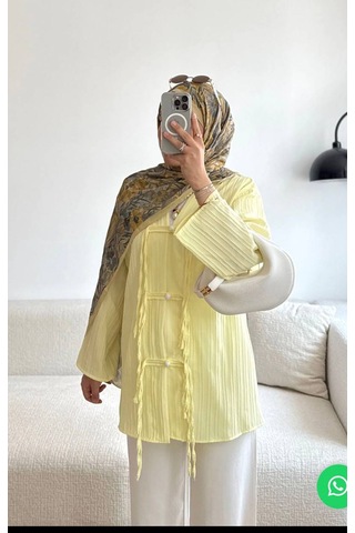 By Nursel Çiçek Kadın Premium Kruvaze Yaka Dügme Detaylı Tunik-kimono Sarı